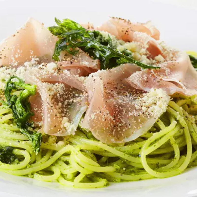 春菊と生ハムのジェノベーゼ生スパゲティ 生パスタ製造 業務用卸 ご家庭向け販売のニューオークボ 春菊と生ハムのジェノベーゼ生スパゲティ 生パスタ製造 業務用卸 ご家庭向け販売のニューオークボ